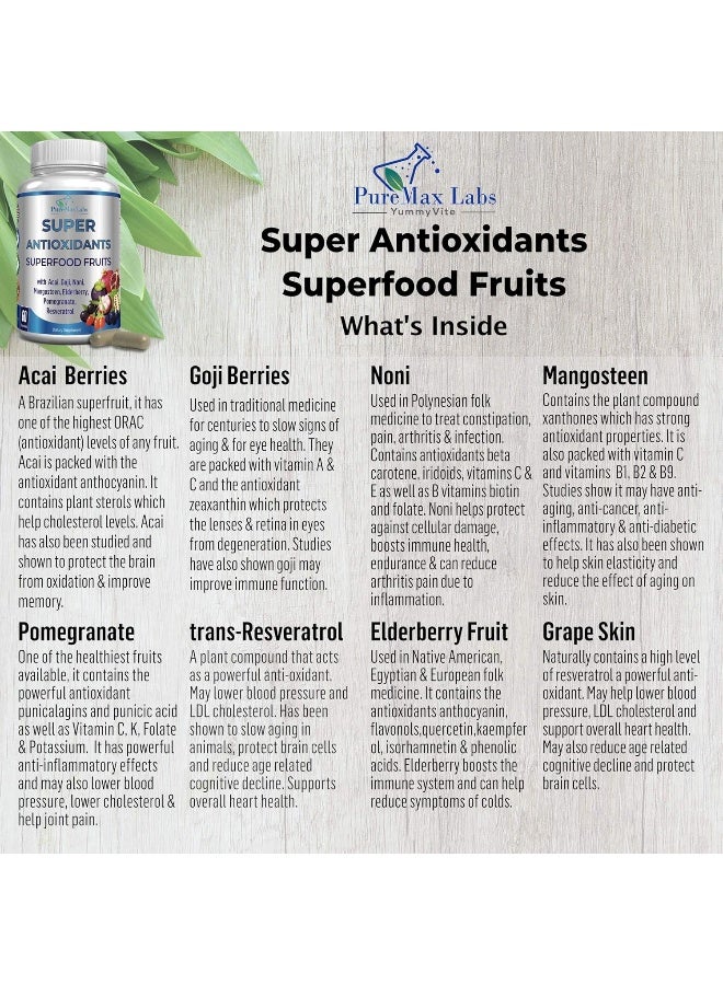 YUMMYVITE Super Antioxidant Fruit Superfood Complex - Powerful Antioxidant Superfruits, Acai, Goji, Noni, Mangosteen, Pomegranate, Elderberry, Resveratrol, Immune Support, Skin Care - 60 Capsules - Image 3